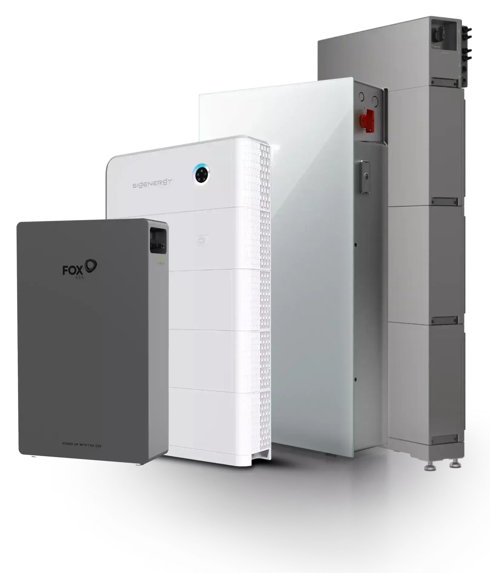Fox ESS, Sigenergy and two other home battery units shown side by side against a dark background.
