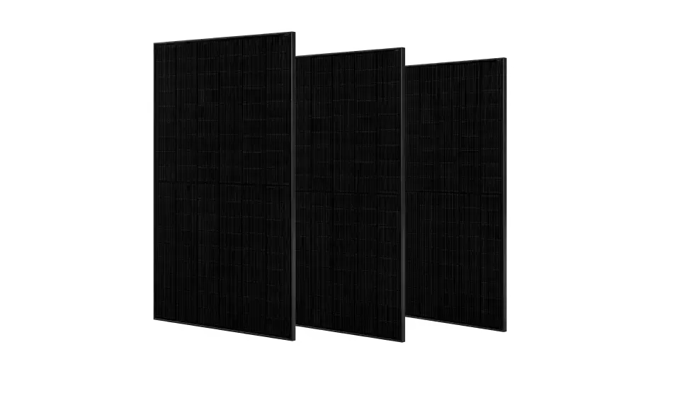 Three all-black solar panels shown against a dark background.